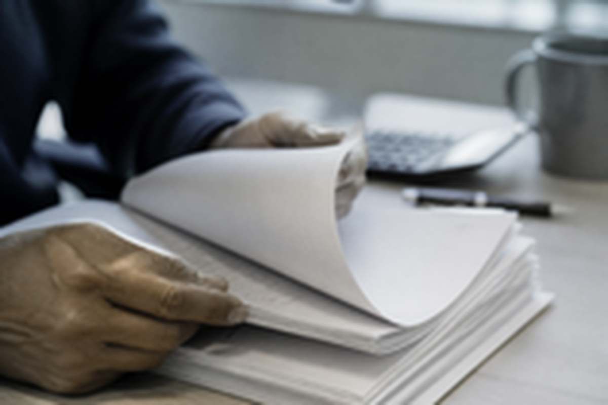 Manos de una persona pasando las páginas de un pliego de licitación sobre una mesa de oficina